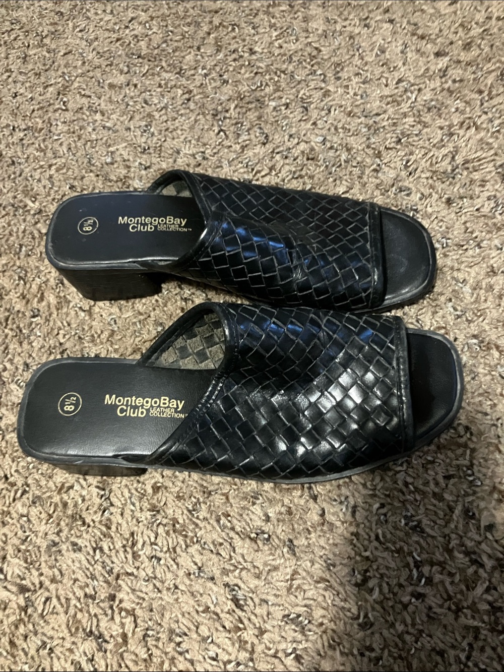 Vintage Montego Bay Club black leather braided block heel mule sandals 1990’s